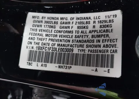 2020 Honda Civic Ex from USA, damaged, VIN 19XFC1F33LE003009